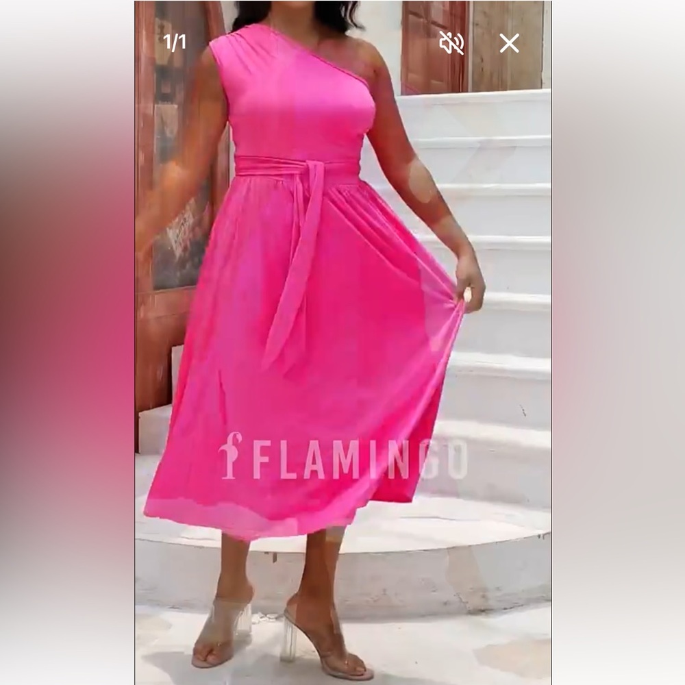 Flamingo One-Shoulder Pink Midi Dress